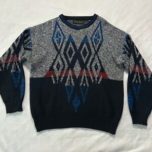 Vintage Michael Gerald Mens Geometric Knitted Acrylic Crewneck Sweater Gray XL